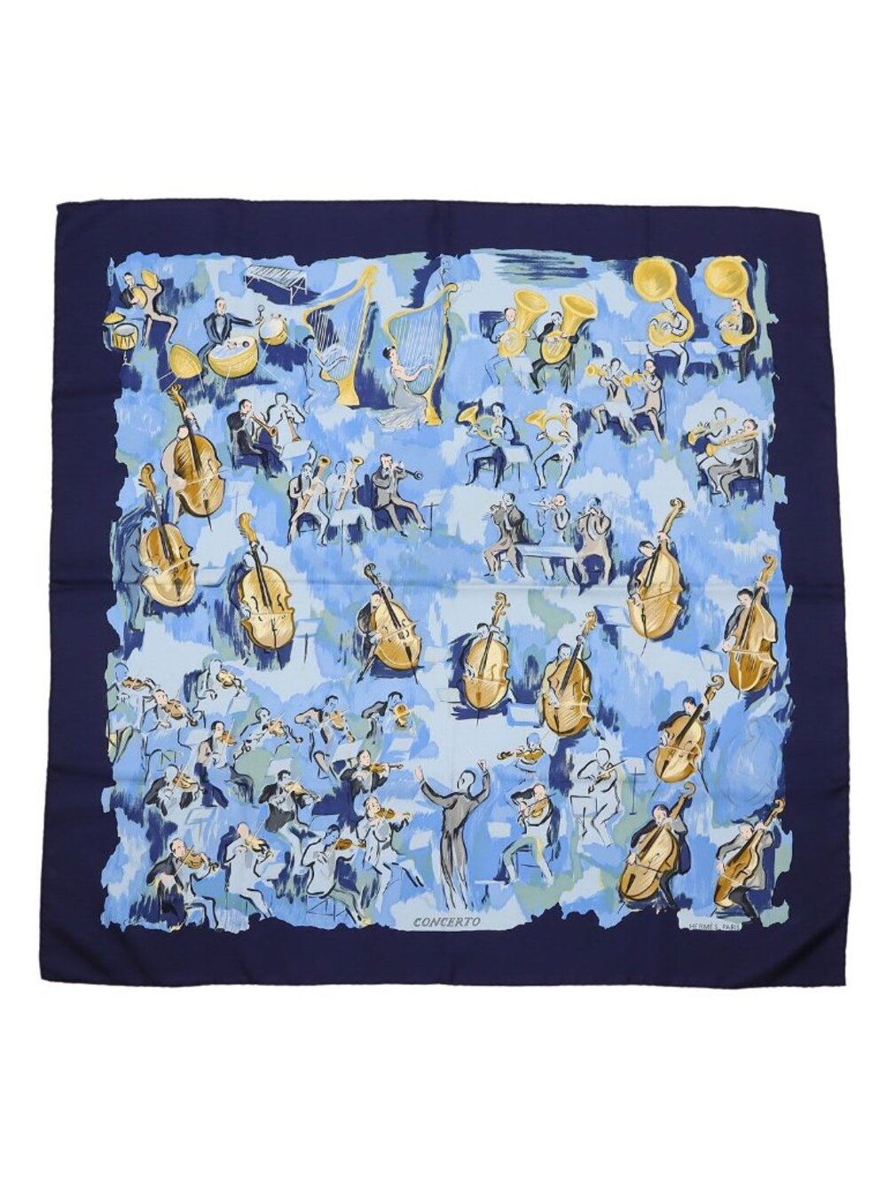 Hermes Carre 90 Scarf Large Concerto Silk 100% Navy Blue Multicolor